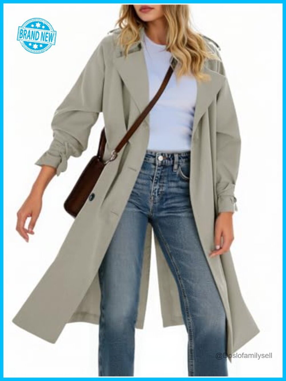 Womens Long Trench Coat Double Breasted Notch Lapel Overcoat Belted